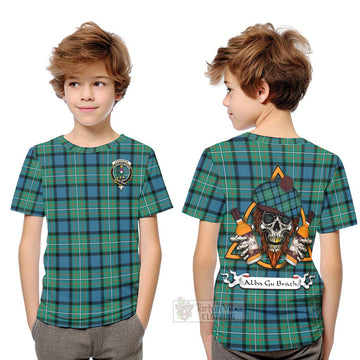 Ferguson (Fergusson) Tartan Kid T-Shirt with Family Crest and Bearded Skull Holding Bottles of Whiskey