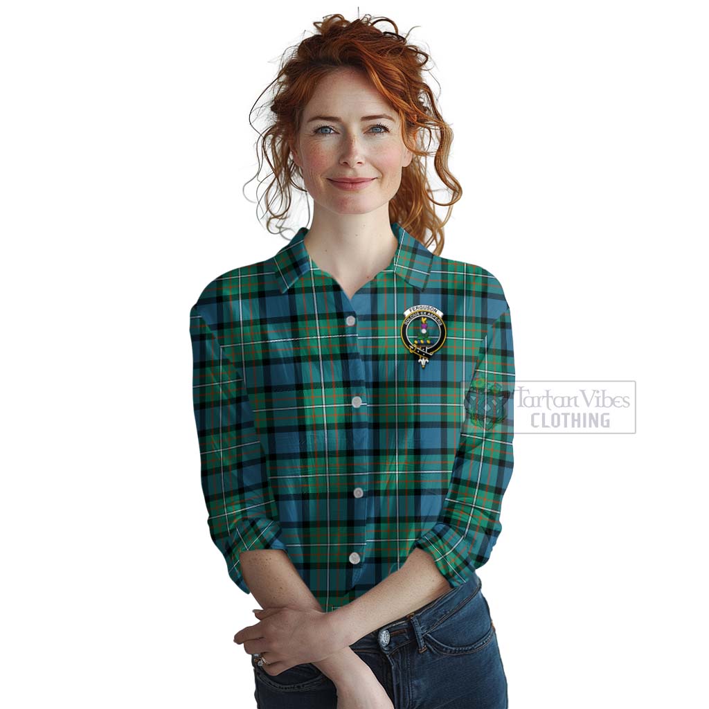 Tartan Vibes Clothing Ferguson (Fergusson) Tartan Women's Casual Shirt with Family Crest and Bearded Skull Holding Bottles of Whiskey