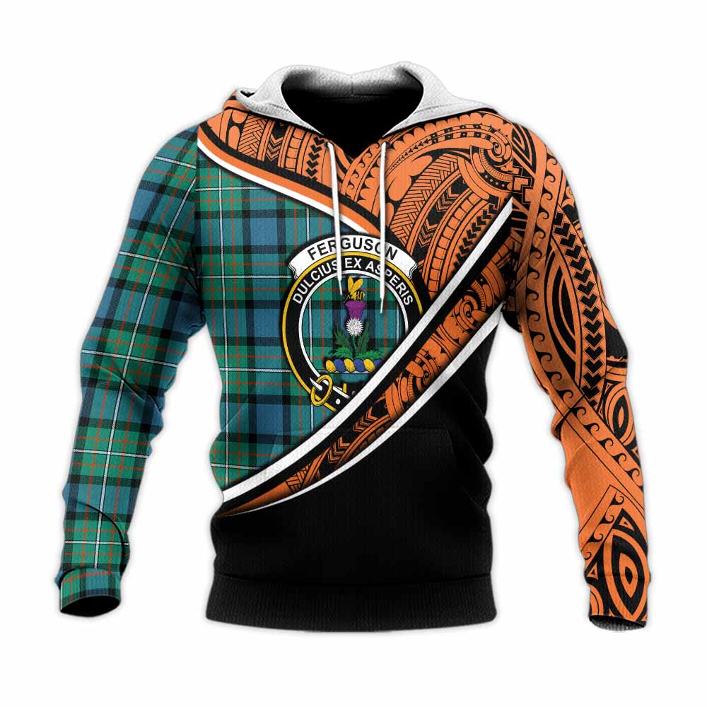 Tartan Vibes Clothing Ferguson (Fergusson) Crest Tartan Knitted Hoodie with Maori Tattoo Style - Orange Version