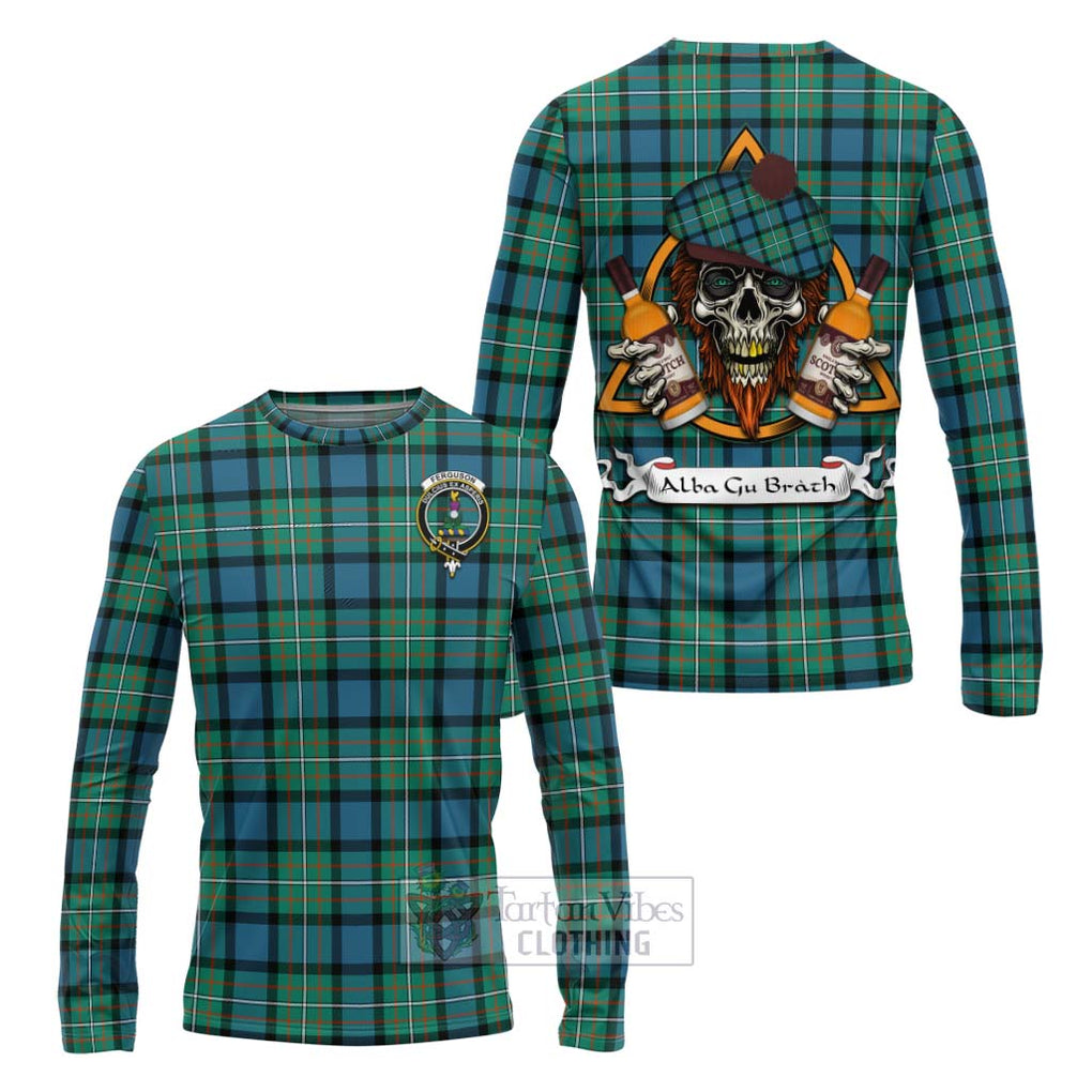 Tartan Vibes Clothing Ferguson (Fergusson) Tartan Long Sleeve T-Shirt with Family Crest and Bearded Skull Holding Bottles of Whiskey