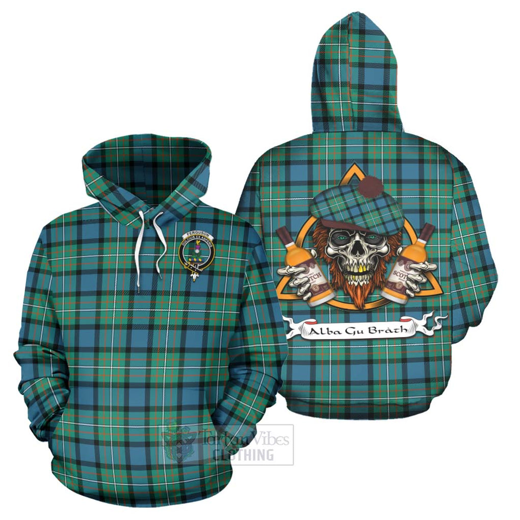 Tartan Vibes Clothing Ferguson (Fergusson) Tartan Hoodie with Family Crest and Bearded Skull Holding Bottles of Whiskey