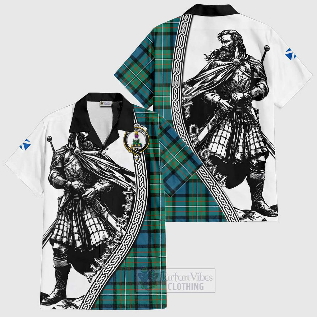 Tartan Vibes Clothing Ferguson (Fergusson) Tartan Clan Crest Short Sleeve Button Shirt with Highlander Warrior Celtic Style