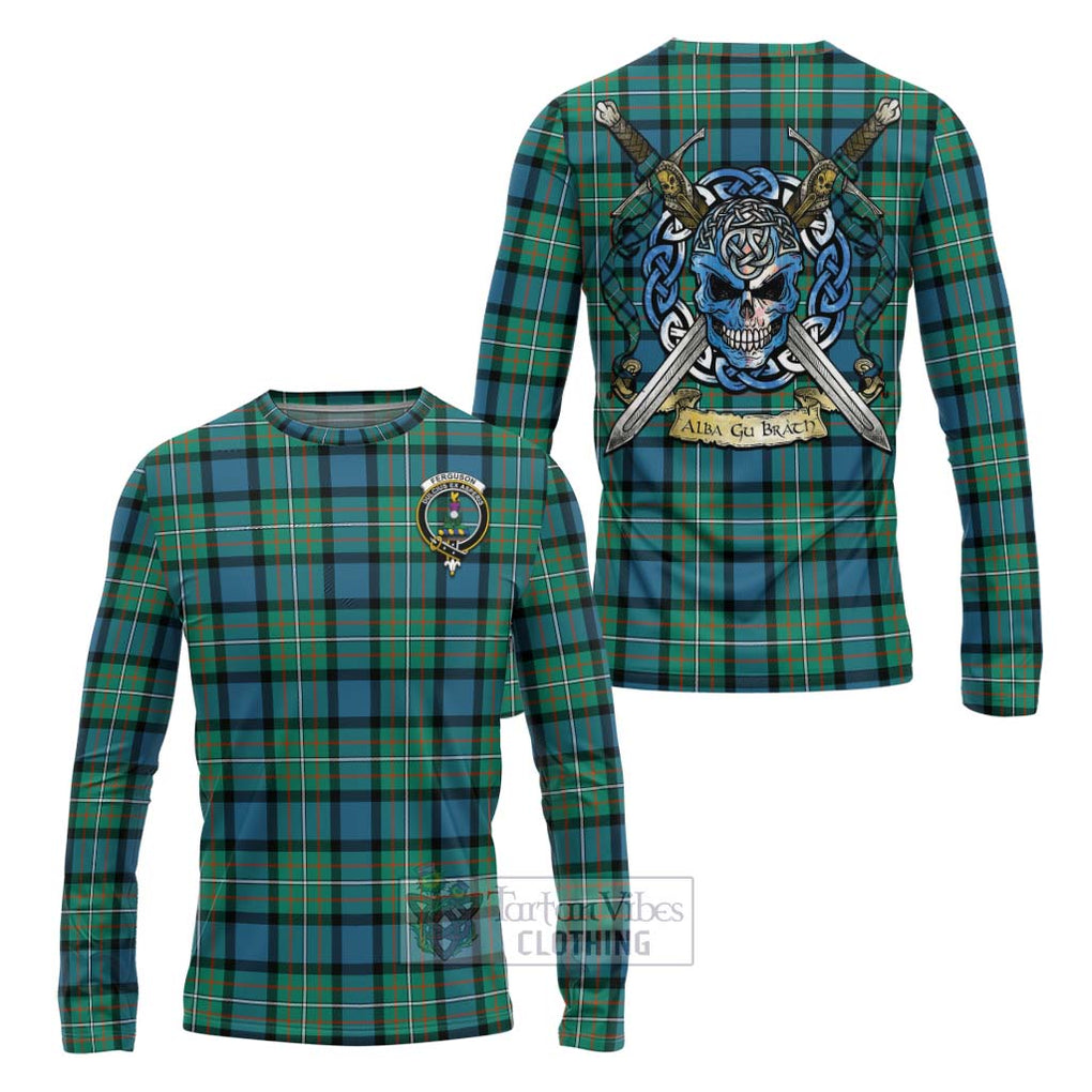 Tartan Vibes Clothing Ferguson (Fergusson) Tartan Long Sleeve T-Shirt with Family Crest Celtic Skull Style