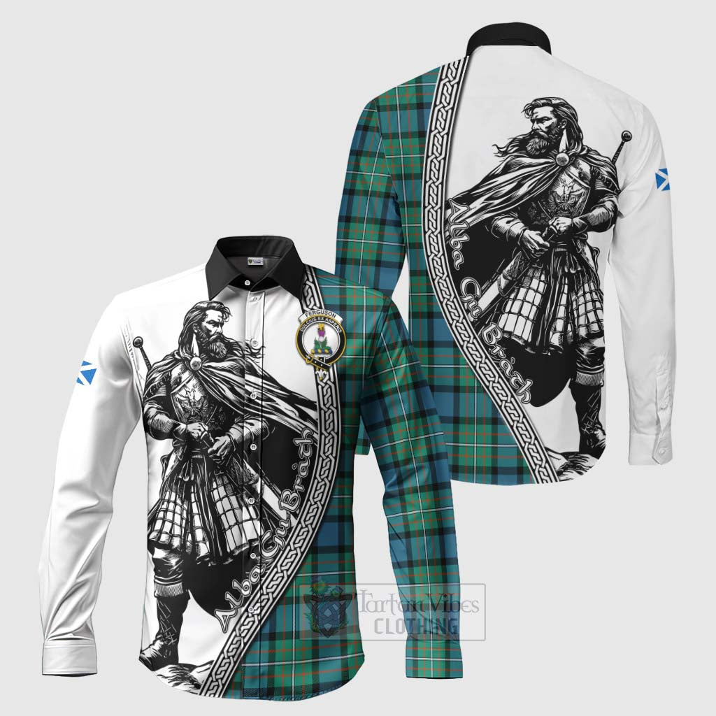 Tartan Vibes Clothing Ferguson (Fergusson) Tartan Clan Crest Long Sleeve Button Shirt with Highlander Warrior Celtic Style