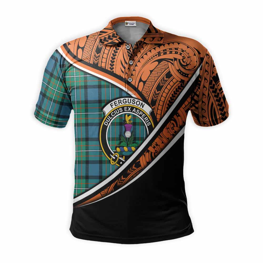 Tartan Vibes Clothing Ferguson (Fergusson) Crest Tartan Polo Shirt with Maori Tattoo Style - Orange Version