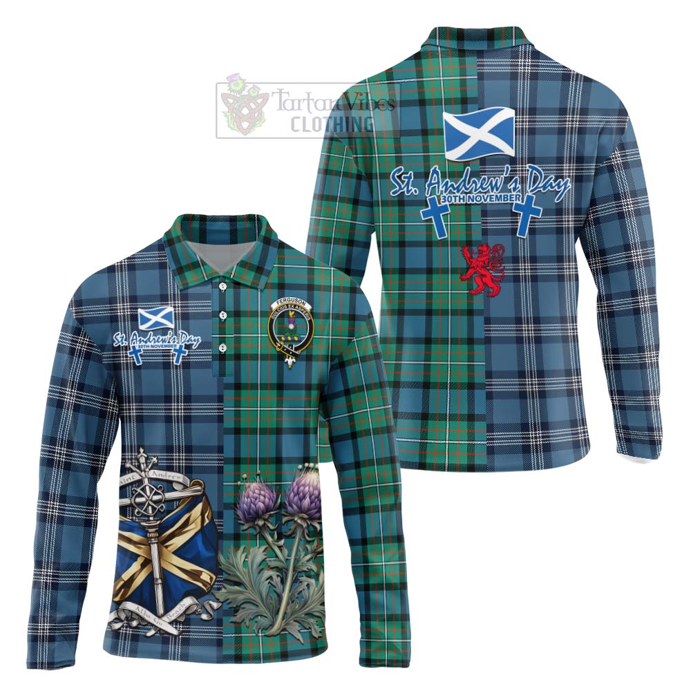 Tartan Vibes Clothing Ferguson (Fergusson) Tartan Long Sleeve Polo Shirt Happy St. Andrew's Day Half Tartan Style