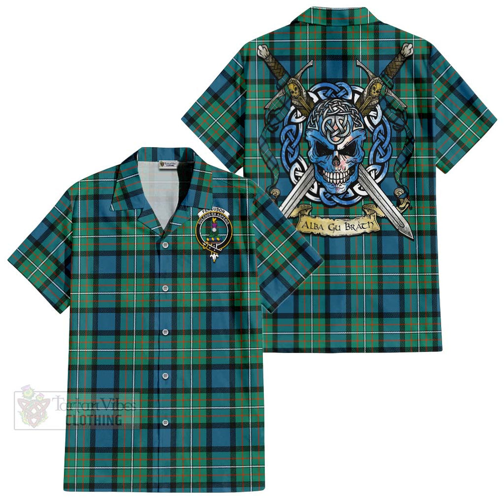 Tartan Vibes Clothing Ferguson (Fergusson) Tartan Short Sleeve Button Shirt with Family Crest Celtic Skull Style