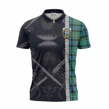 Ferguson (Fergusson) Tartan Zipper Polo Shirt with Family Crest Cross Sword Thistle Celtic Vibes