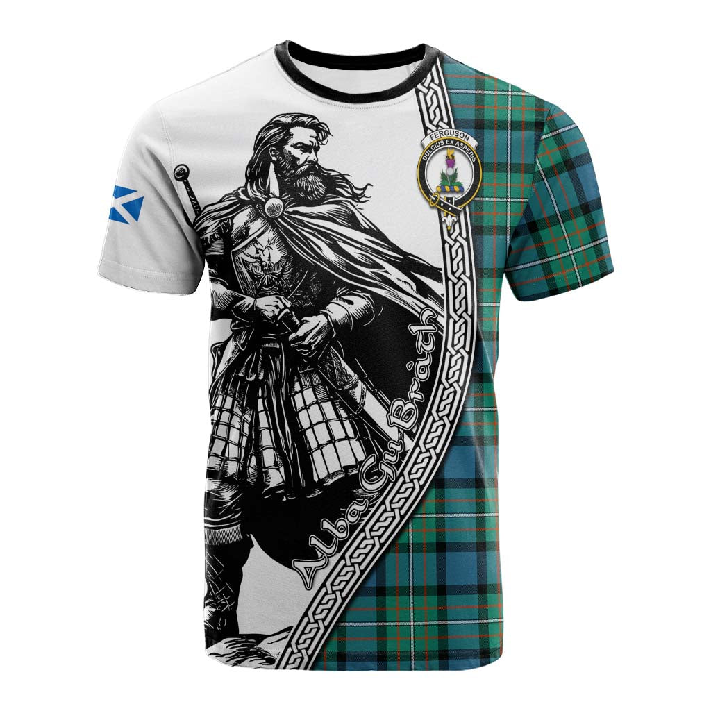 Ferguson (Fergusson) Tartan Clan Crest Cotton T-shirt with Highlander Warrior Celtic Style