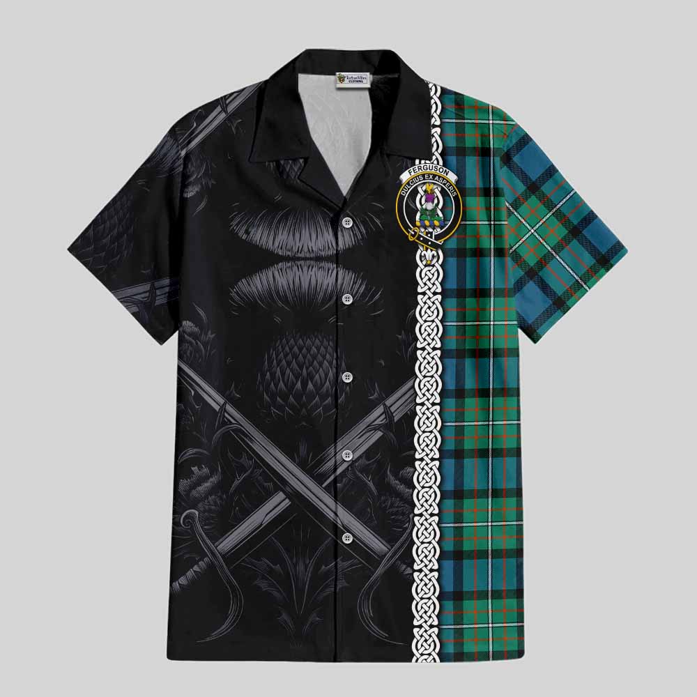 Tartan Vibes Clothing Ferguson (Fergusson) Tartan Short Sleeve Button Shirt with Family Crest Cross Sword Thistle Celtic Vibes