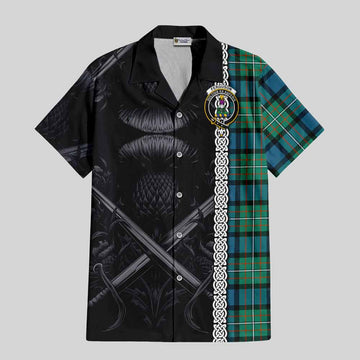 Ferguson (Fergusson) Tartan Short Sleeve Button Shirt with Family Crest Cross Sword Thistle Celtic Vibes