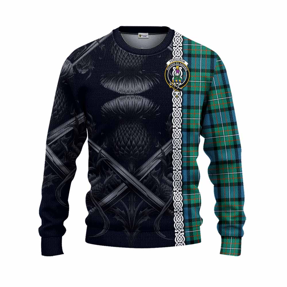 Ferguson (Fergusson) Tartan Knitted Sweater with Family Crest Cross Sword Thistle Celtic Vibes Unisex - Tartan Vibes Clothing