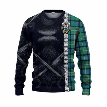 Ferguson (Fergusson) Tartan Knitted Sweater with Family Crest Cross Sword Thistle Celtic Vibes