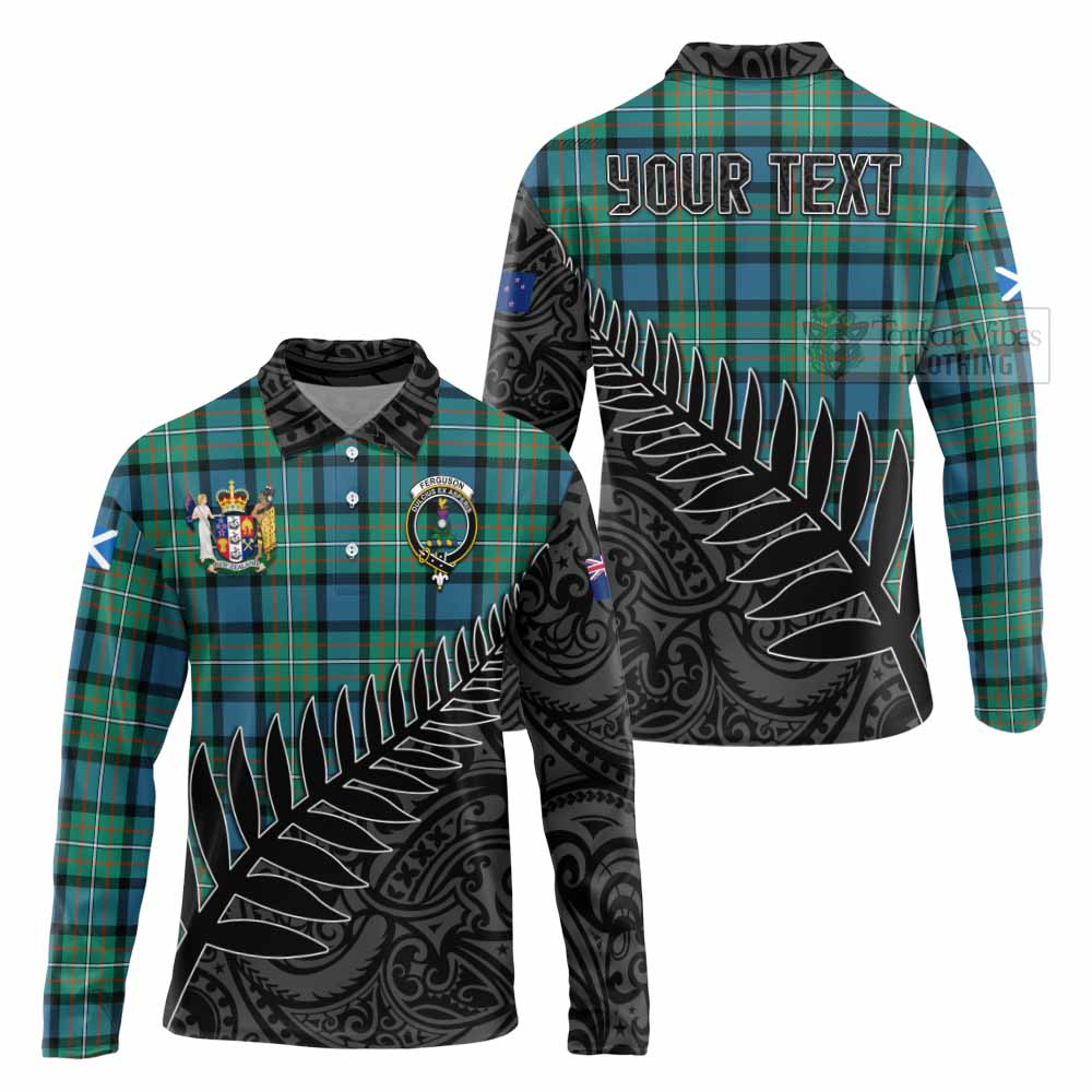 Tartan Vibes Clothing Ferguson (Fergusson) Crest Tartan Long Sleeve Polo Shirt with New Zealand Silver Fern Half Style