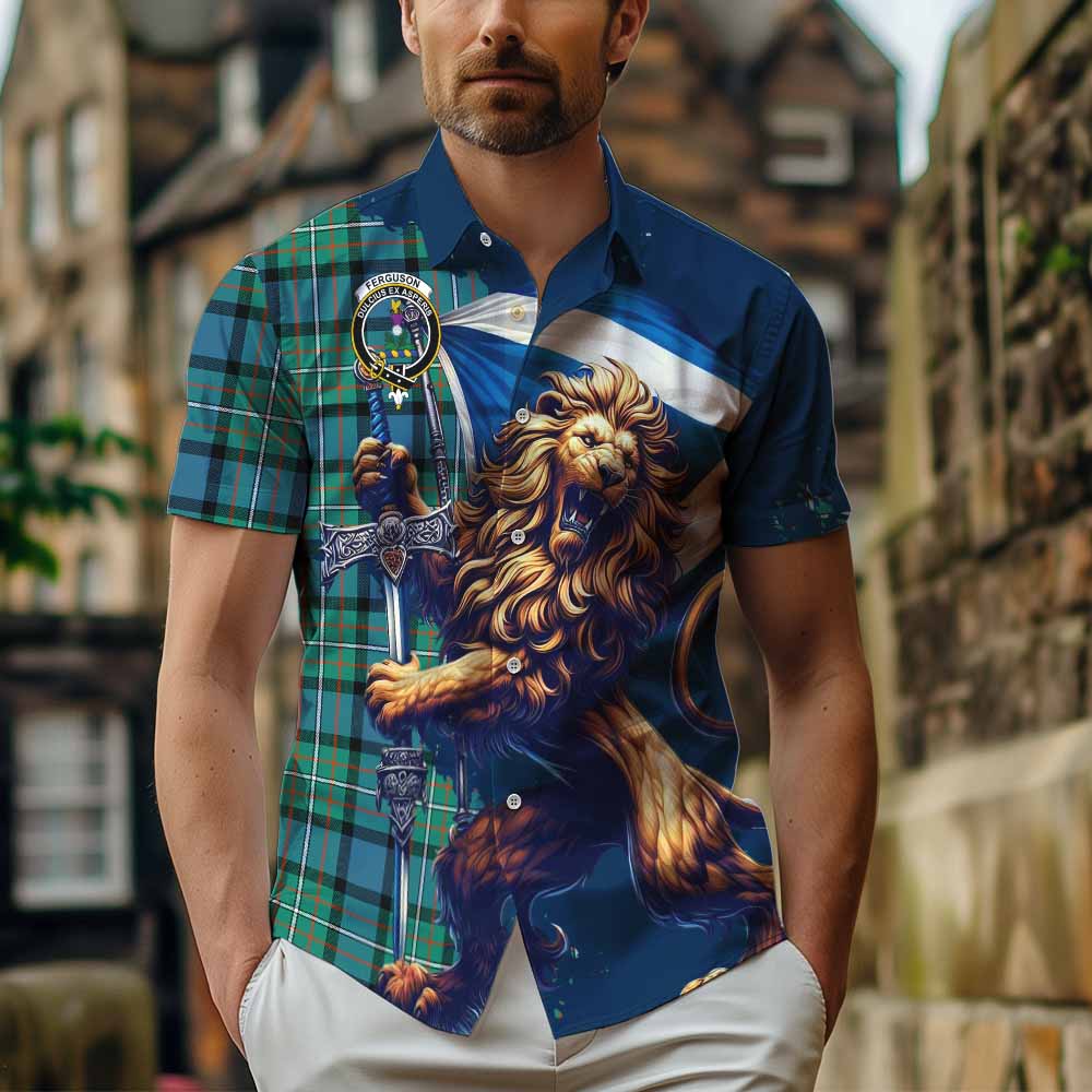 Tartan Vibes Clothing Ferguson (Fergusson) Tartan Family Crest Short Sleeve Button Shirt with Scottish Majestic Lion