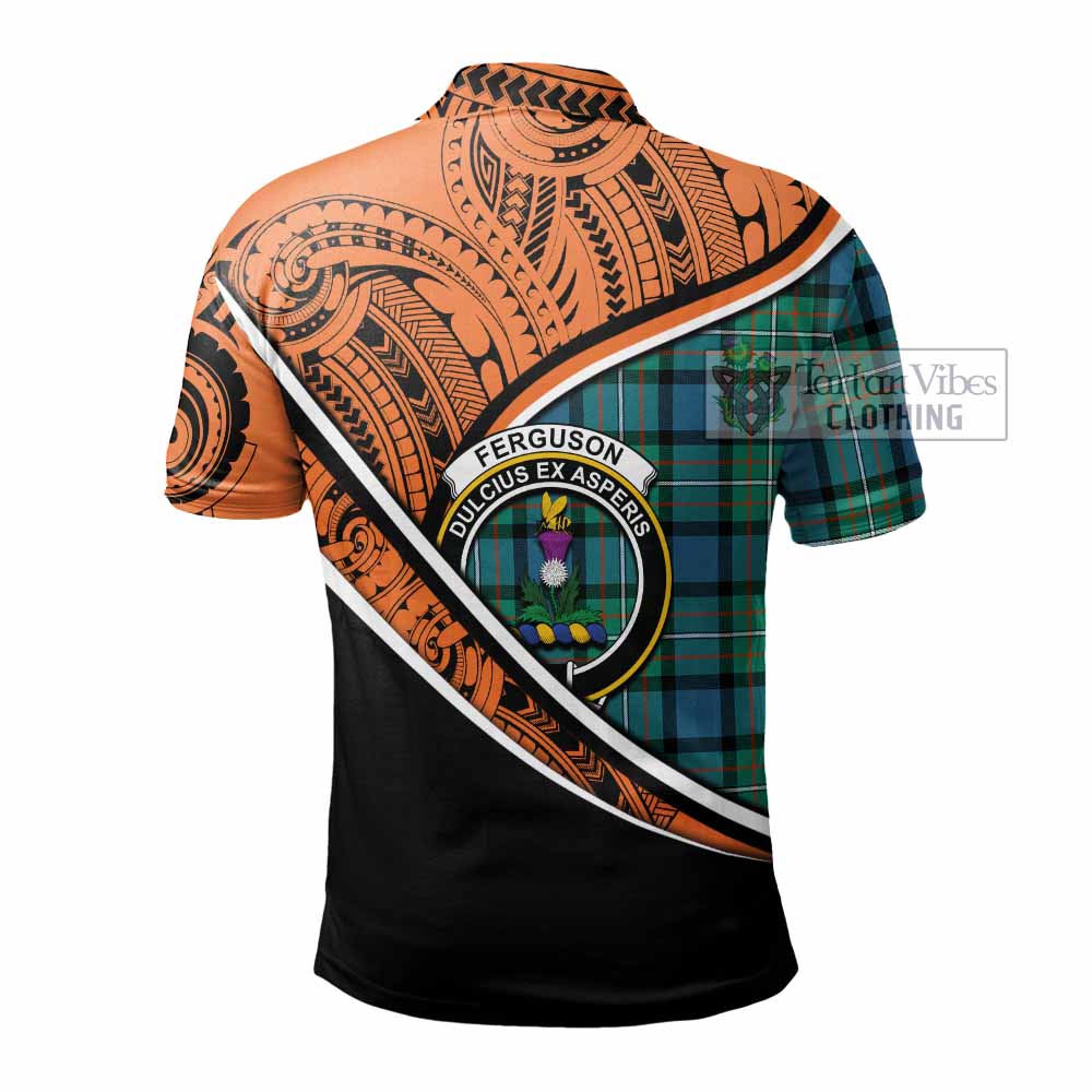 Tartan Vibes Clothing Ferguson (Fergusson) Crest Tartan Polo Shirt with Maori Tattoo Style - Orange Version