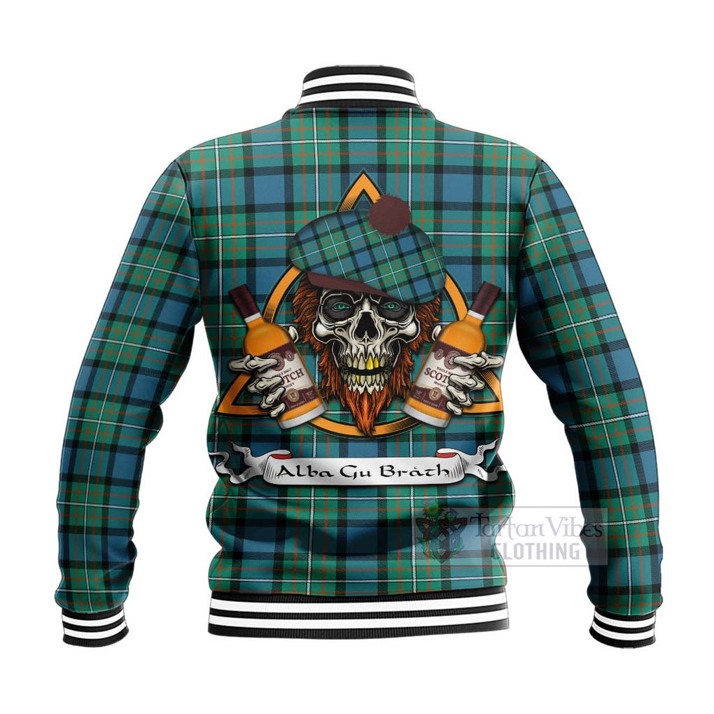 Tartan Vibes Clothing Ferguson (Fergusson) Tartan Baseball Jacket with Family Crest and Bearded Skull Holding Bottles of Whiskey