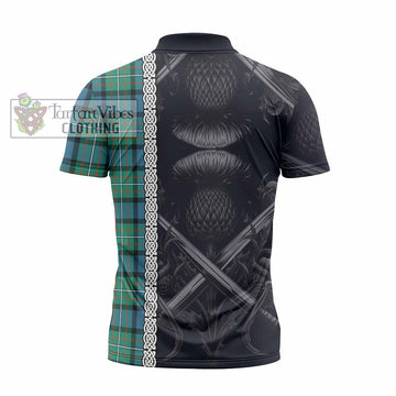 Ferguson (Fergusson) Tartan Zipper Polo Shirt with Family Crest Cross Sword Thistle Celtic Vibes