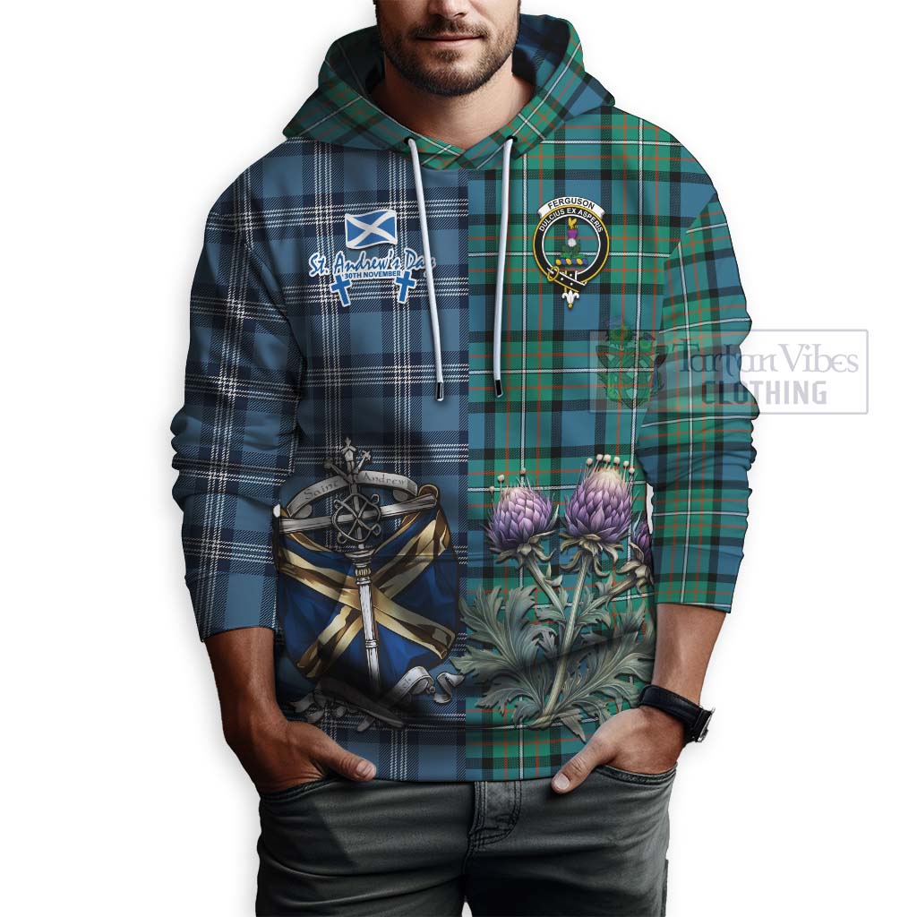 Tartan Vibes Clothing Ferguson (Fergusson) Tartan Hoodie Happy St. Andrew's Day Half Tartan Style