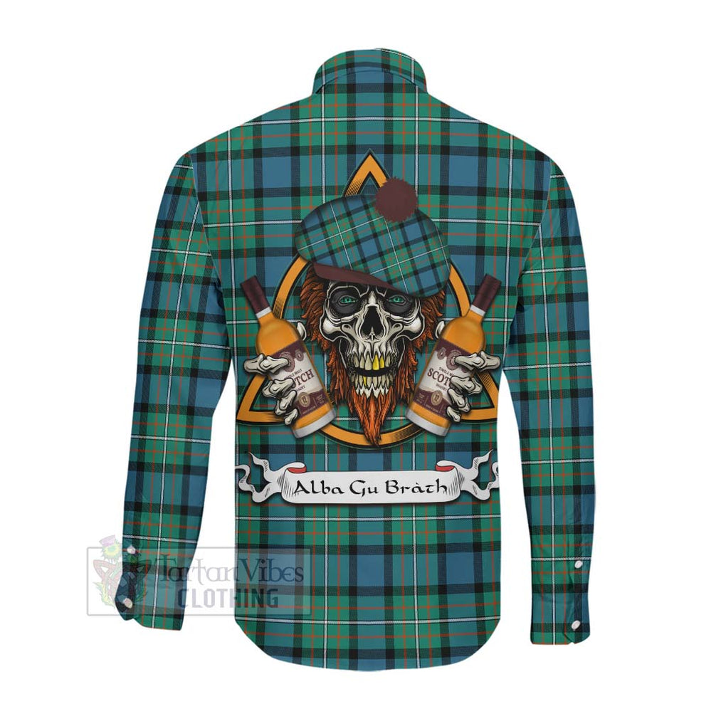 Tartan Vibes Clothing Ferguson (Fergusson) Tartan Long Sleeve Button Shirt with Family Crest and Bearded Skull Holding Bottles of Whiskey