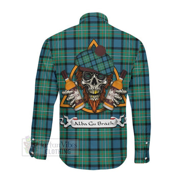 Ferguson (Fergusson) Tartan Long Sleeve Button Shirt with Family Crest and Bearded Skull Holding Bottles of Whiskey