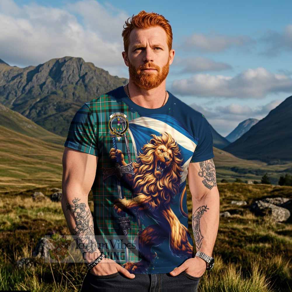 Tartan Vibes Clothing Ferguson (Fergusson) Tartan Family Crest T-Shirt with Scottish Majestic Lion