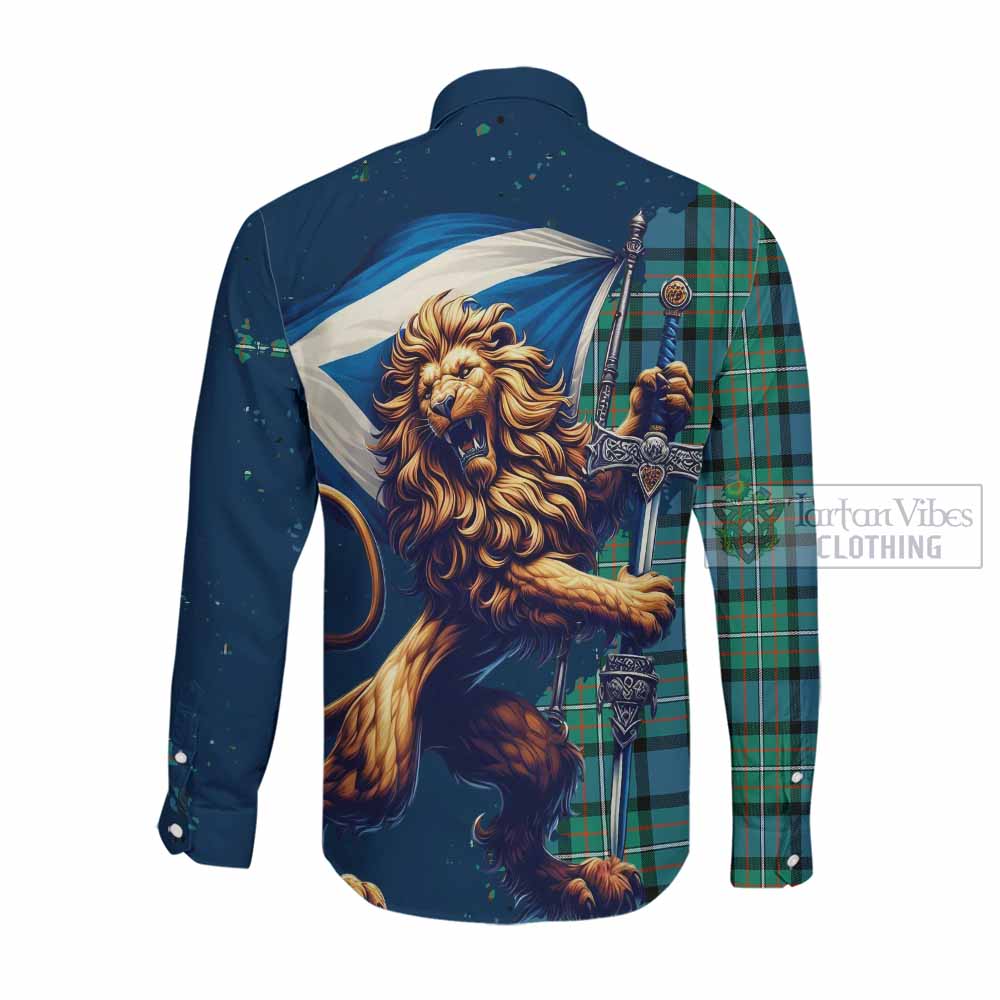 Tartan Vibes Clothing Ferguson (Fergusson) Tartan Family Crest Long Sleeve Button Shirt with Scottish Majestic Lion