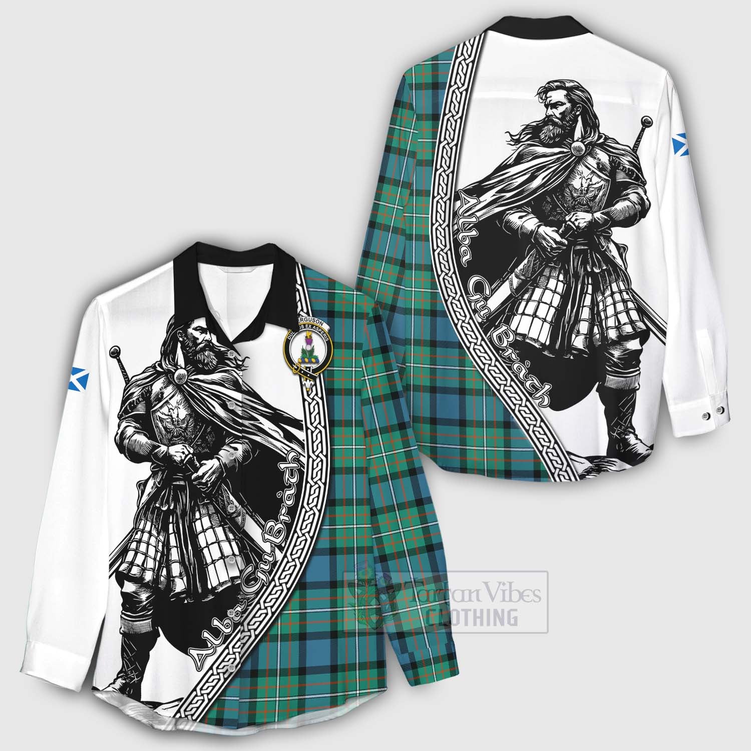 Tartan Vibes Clothing Ferguson (Fergusson) Tartan Clan Crest Women's Casual Shirt with Highlander Warrior Celtic Style