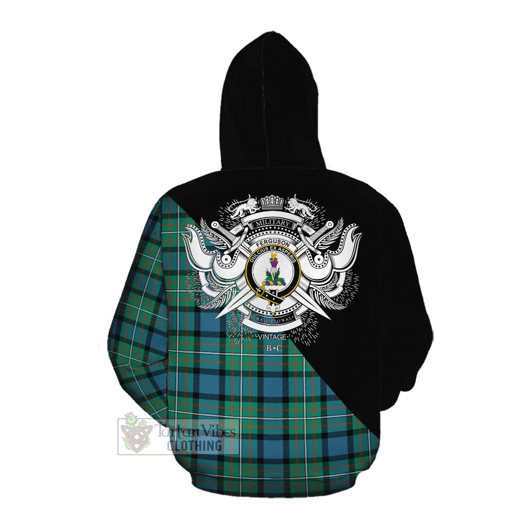 Tartan Vibes Clothing Ferguson (Fergusson) Tartan Cotton Hoodie with Family Crest and Military Logo Style