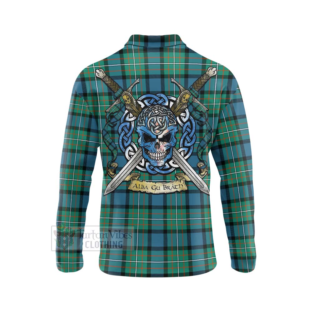 Tartan Vibes Clothing Ferguson (Fergusson) Tartan Long Sleeve Polo Shirt with Family Crest Celtic Skull Style