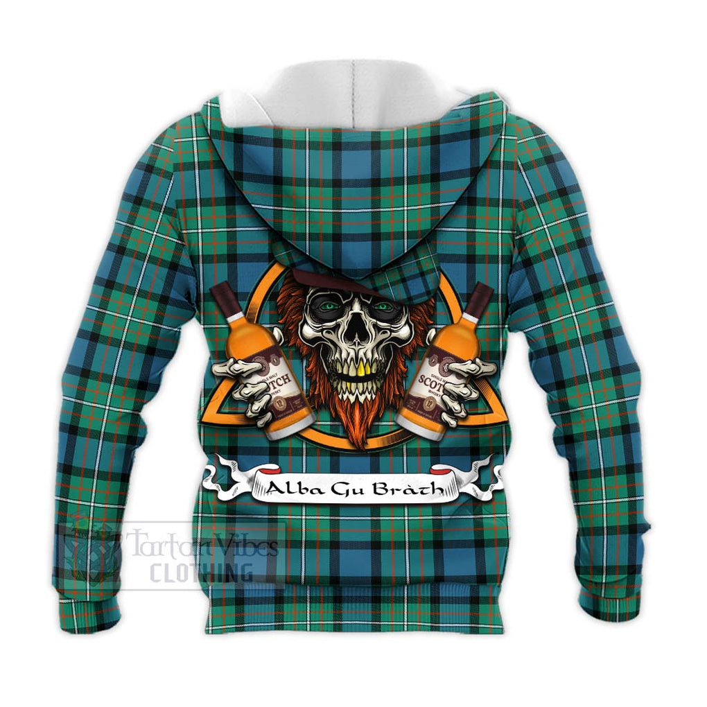 Tartan Vibes Clothing Ferguson (Fergusson) Tartan Knitted Hoodie with Family Crest and Bearded Skull Holding Bottles of Whiskey