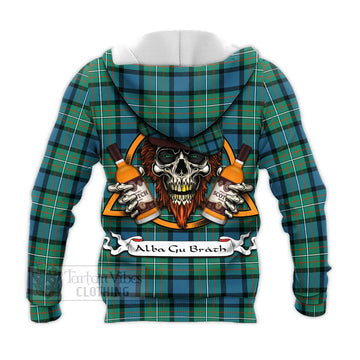 Ferguson (Fergusson) Tartan Knitted Hoodie with Family Crest and Bearded Skull Holding Bottles of Whiskey