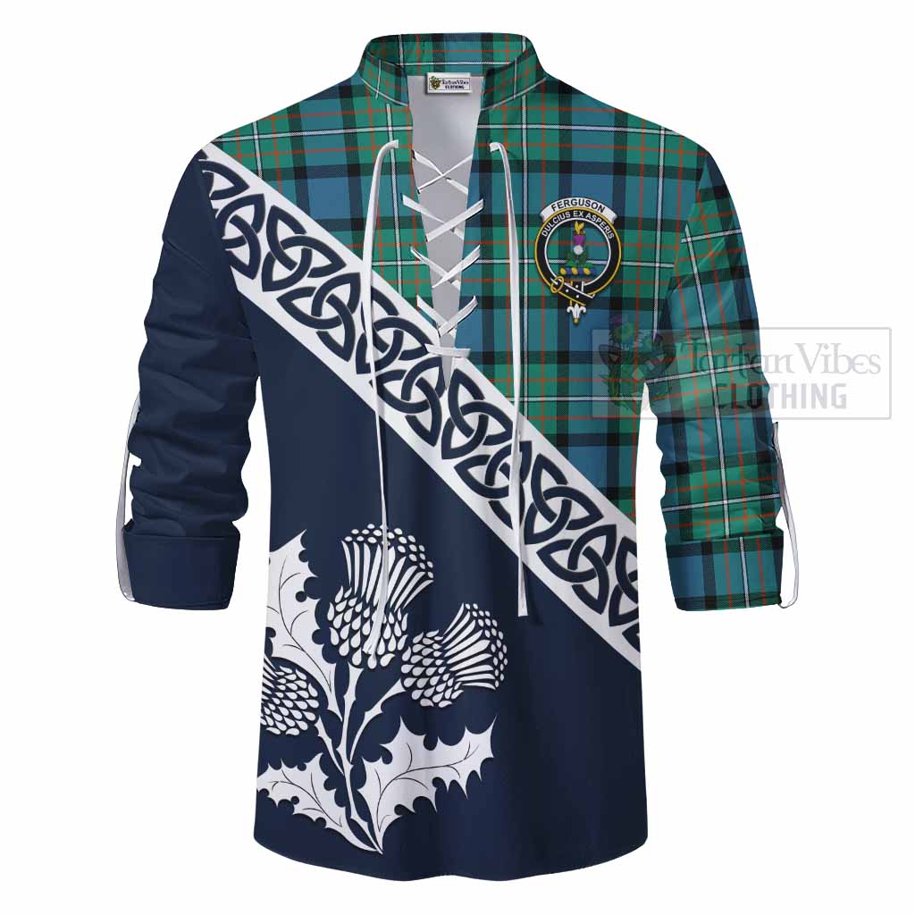 Tartan Vibes Clothing Ferguson (Fergusson) Tartan Ghillie Kilt Shirt Featuring Thistle and Scotland Map