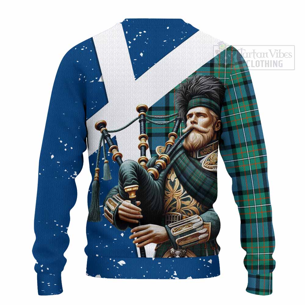 Tartan Vibes Clothing Ferguson (Fergusson) Tartan Knitted Sweater with Family Crest Scottish Bagpiper Vibes