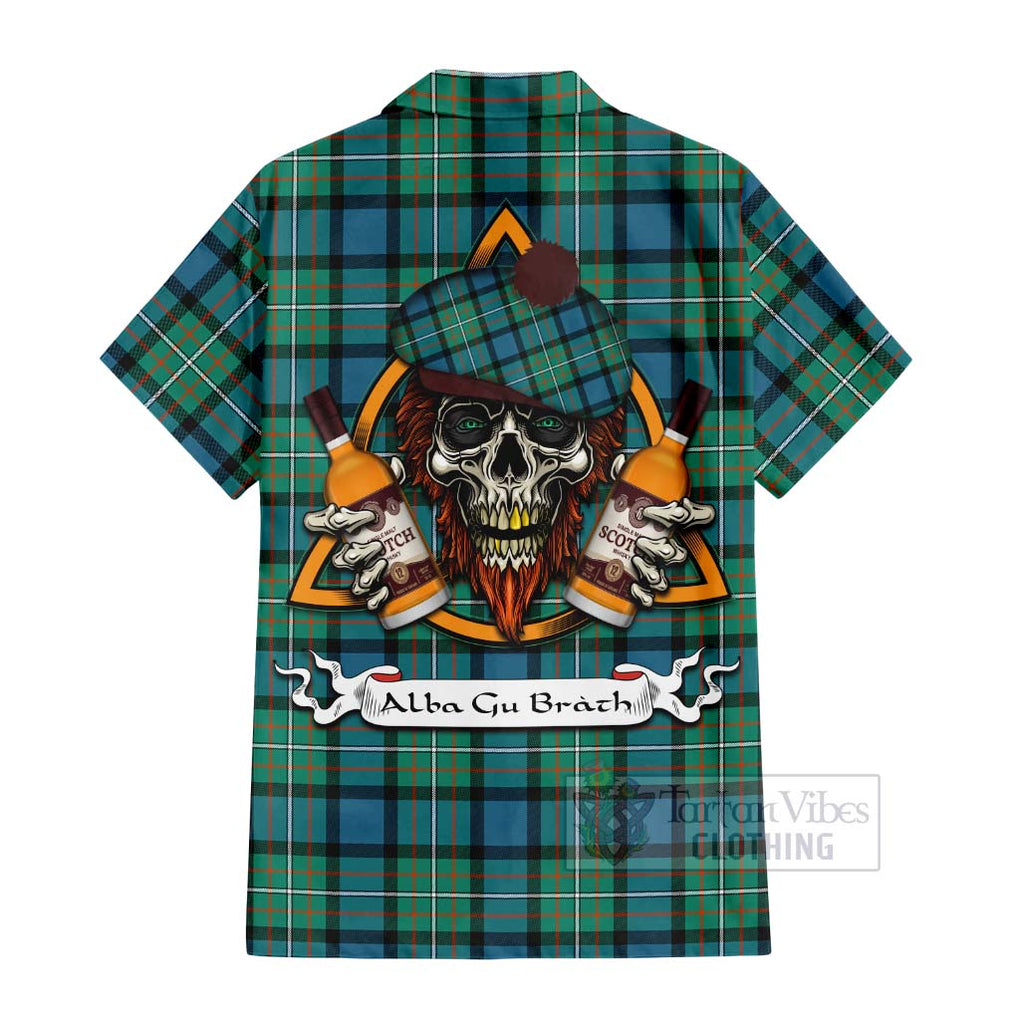 Tartan Vibes Clothing Ferguson (Fergusson) Tartan Short Sleeve Button Shirt with Family Crest and Bearded Skull Holding Bottles of Whiskey