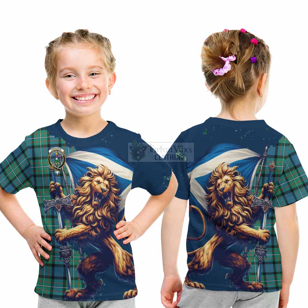 Tartan Vibes Clothing Ferguson (Fergusson) Tartan Family Crest Kid T-Shirt with Scottish Majestic Lion