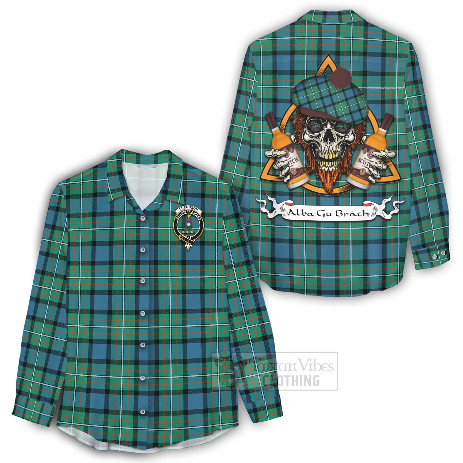 Tartan Vibes Clothing Ferguson (Fergusson) Tartan Women's Casual Shirt with Family Crest and Bearded Skull Holding Bottles of Whiskey