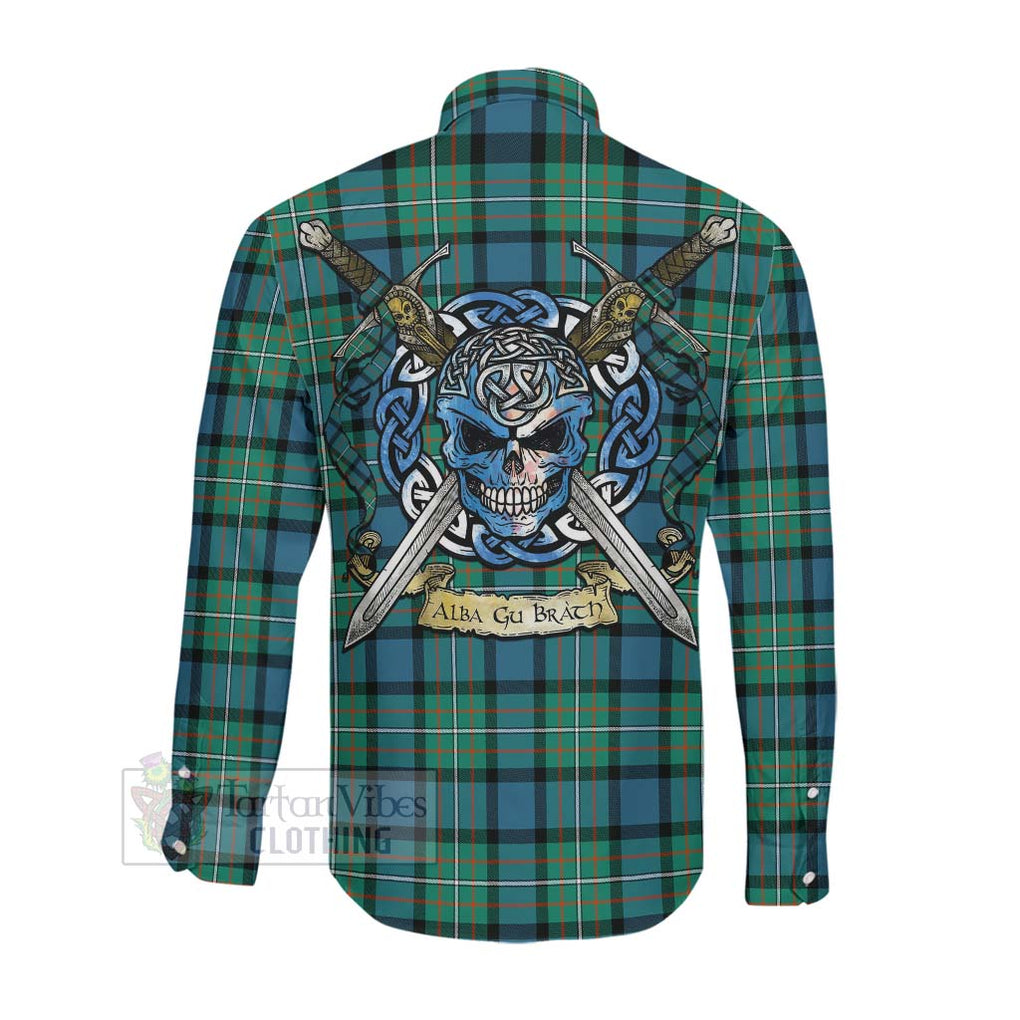 Tartan Vibes Clothing Ferguson (Fergusson) Tartan Long Sleeve Button Shirt with Family Crest Celtic Skull Style