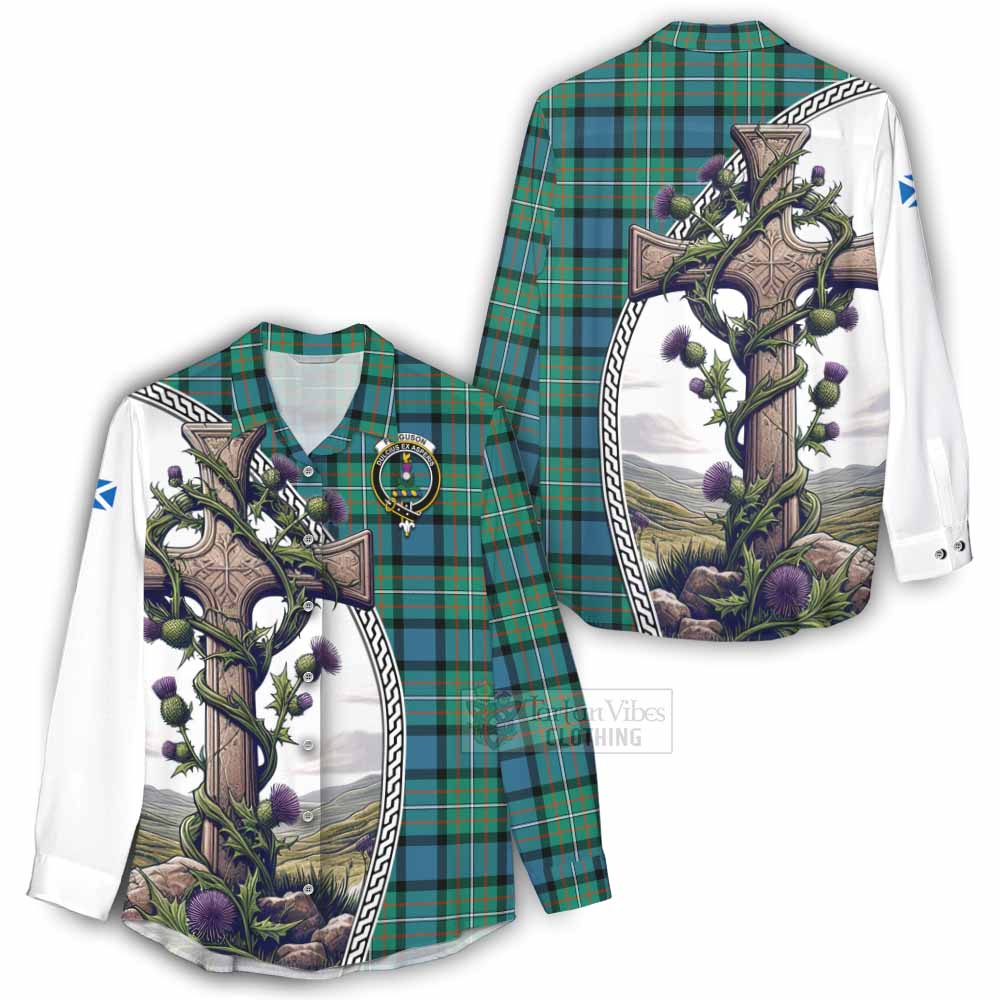 Tartan Vibes Clothing Ferguson (Fergusson) Tartan Women's Casual Shirt with Family Crest and St. Andrew's Cross Accented by Thistle Vines