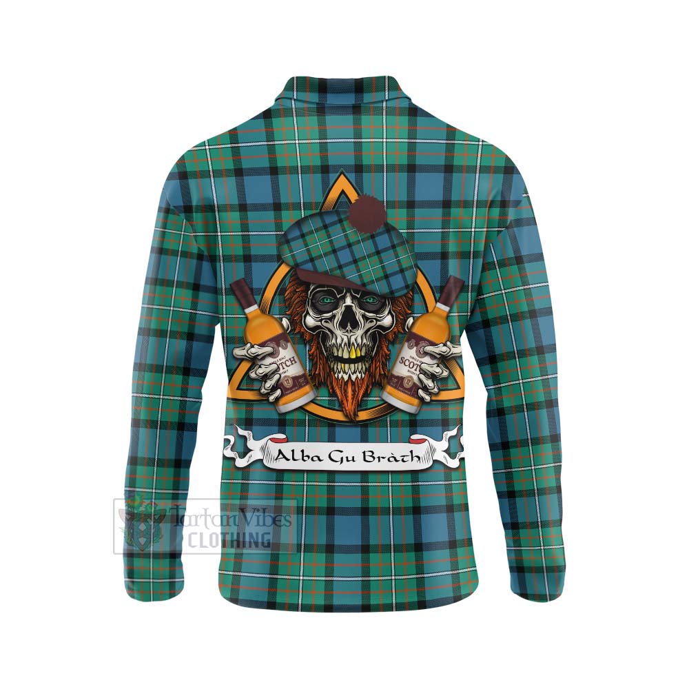 Tartan Vibes Clothing Ferguson (Fergusson) Tartan Long Sleeve Polo Shirt with Family Crest and Bearded Skull Holding Bottles of Whiskey