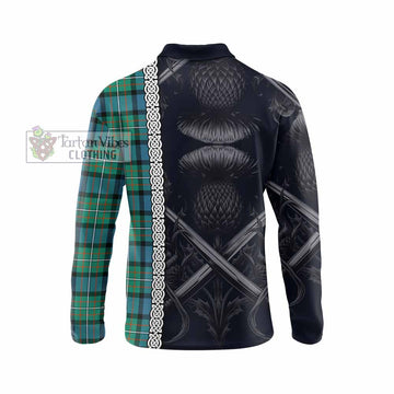 Ferguson (Fergusson) Tartan Long Sleeve Polo Shirt with Family Crest Cross Sword Thistle Celtic Vibes