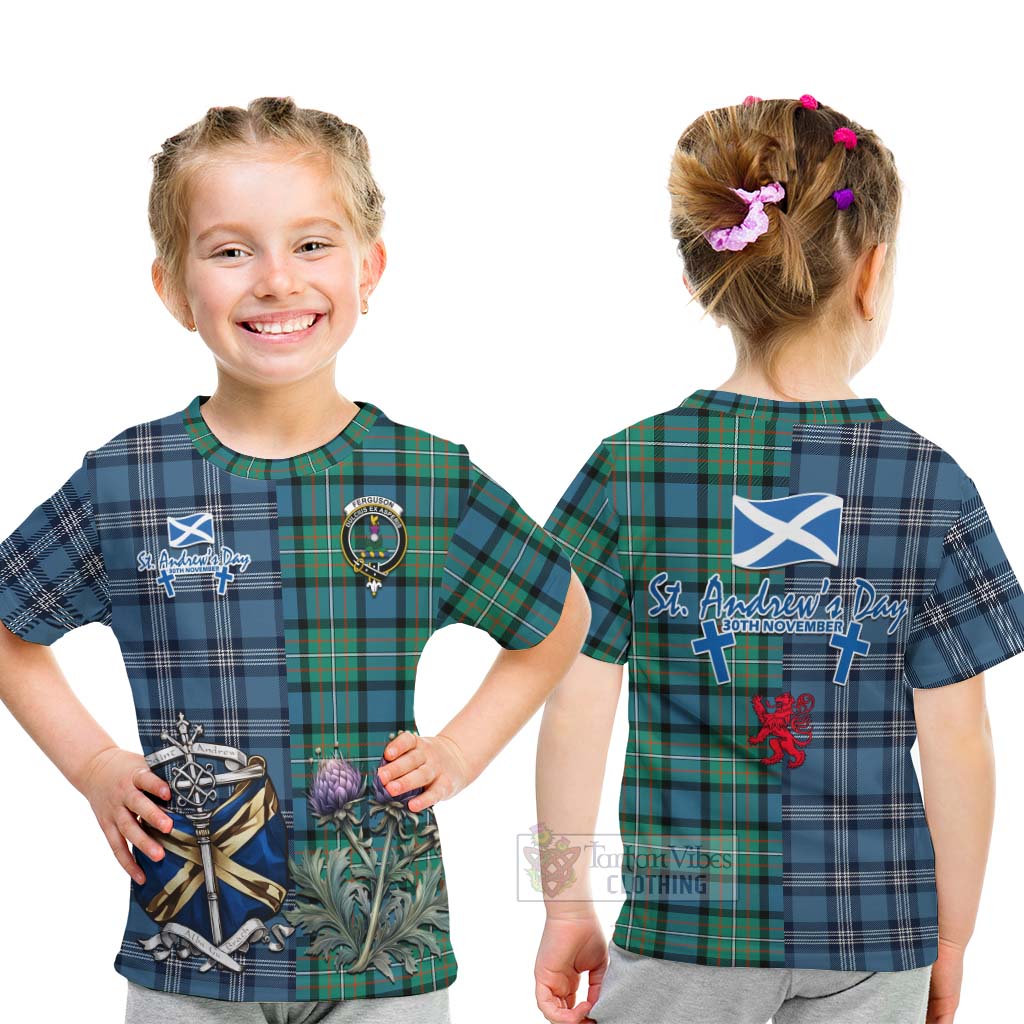 Tartan Vibes Clothing Ferguson (Fergusson) Tartan Kid T-Shirt Happy St. Andrew's Day Half Tartan Style