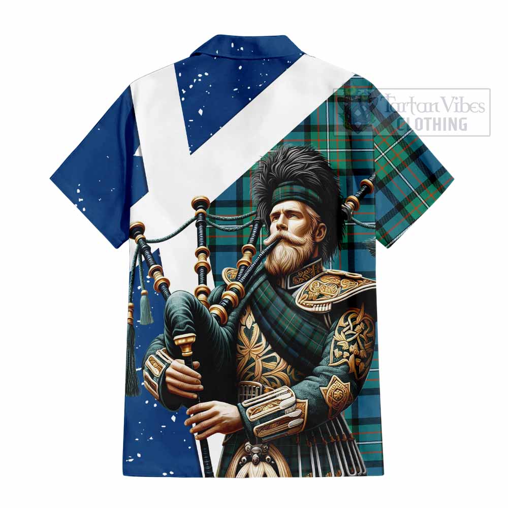 Tartan Vibes Clothing Ferguson (Fergusson) Tartan Short Sleeve Button Shirt with Family Crest Scottish Bagpiper Vibes