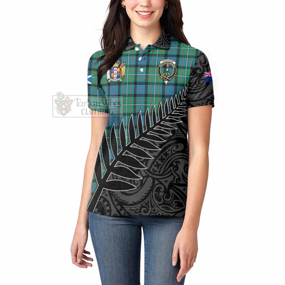 Tartan Vibes Clothing Ferguson (Fergusson) Crest Tartan Women's Polo Shirt with New Zealand Silver Fern Half Style