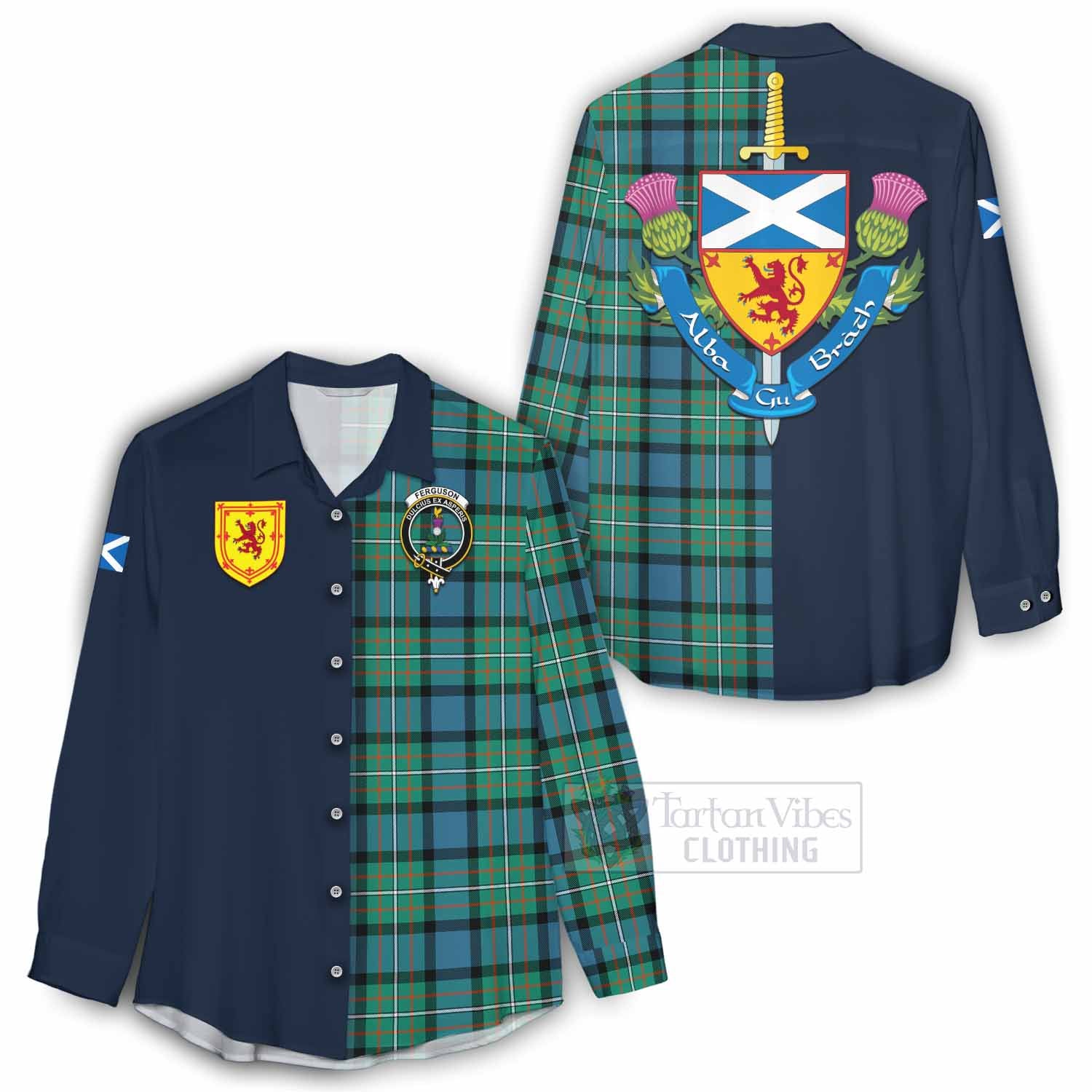 Tartan Vibes Clothing Ferguson (Fergusson) Tartan Women's Casual Shirt Alba with Scottish Lion Royal Arm Half Style