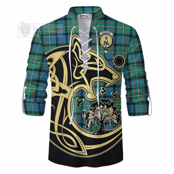 Ferguson (Fergusson) Tartan Ghillie Kilt Shirt with Family Crest Celtic Wolf Style