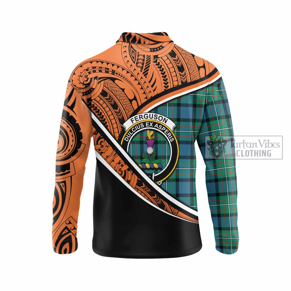 Tartan Vibes Clothing Ferguson (Fergusson) Crest Tartan Long Sleeve Polo Shirt with Maori Tattoo Style - Orange Version