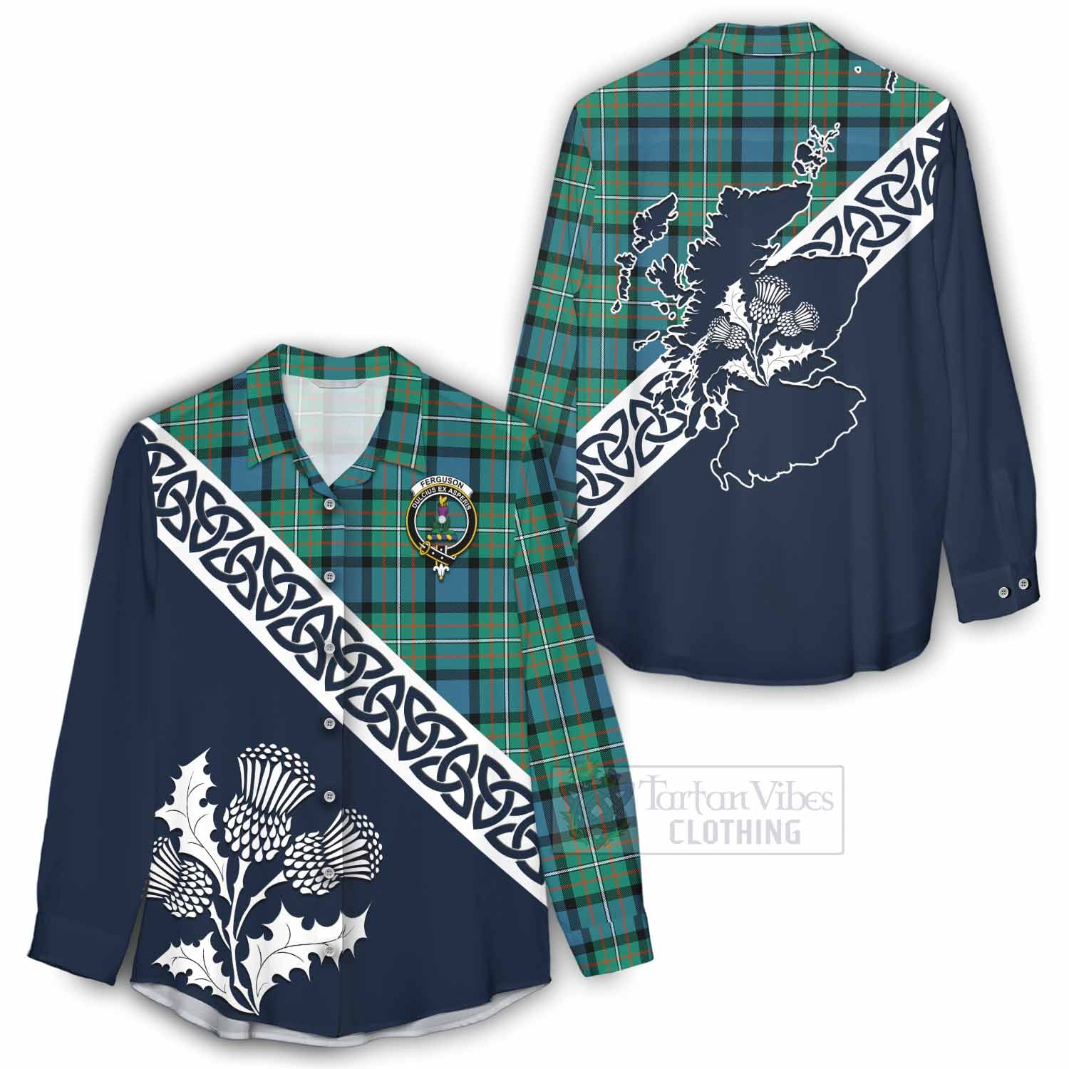 Tartan Vibes Clothing Ferguson (Fergusson) Tartan Women's Casual Shirt Featuring Thistle and Scotland Map