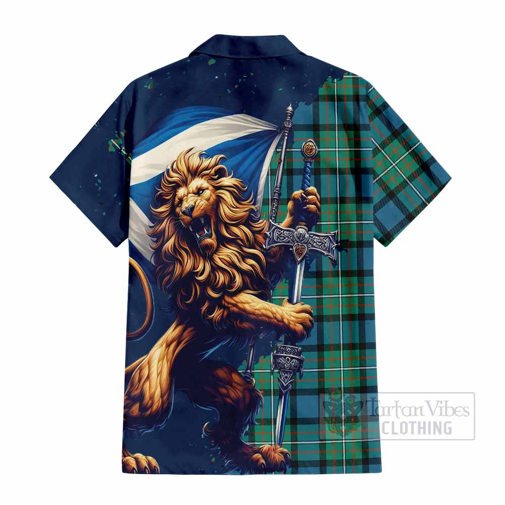 Tartan Vibes Clothing Ferguson (Fergusson) Tartan Family Crest Short Sleeve Button Shirt with Scottish Majestic Lion