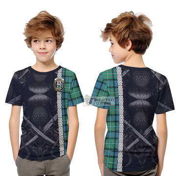 Ferguson (Fergusson) Tartan Kid T-Shirt with Family Crest Cross Sword Thistle Celtic Vibes